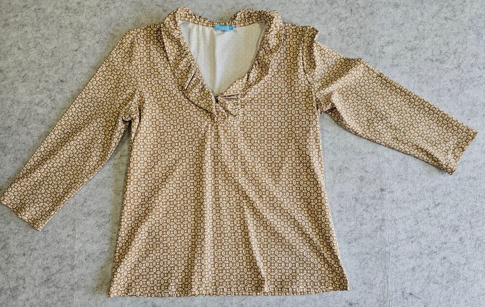 J. McLaughlin Catalina Top Ruffle Neck Geometric Print Stretch Tan White Sz M